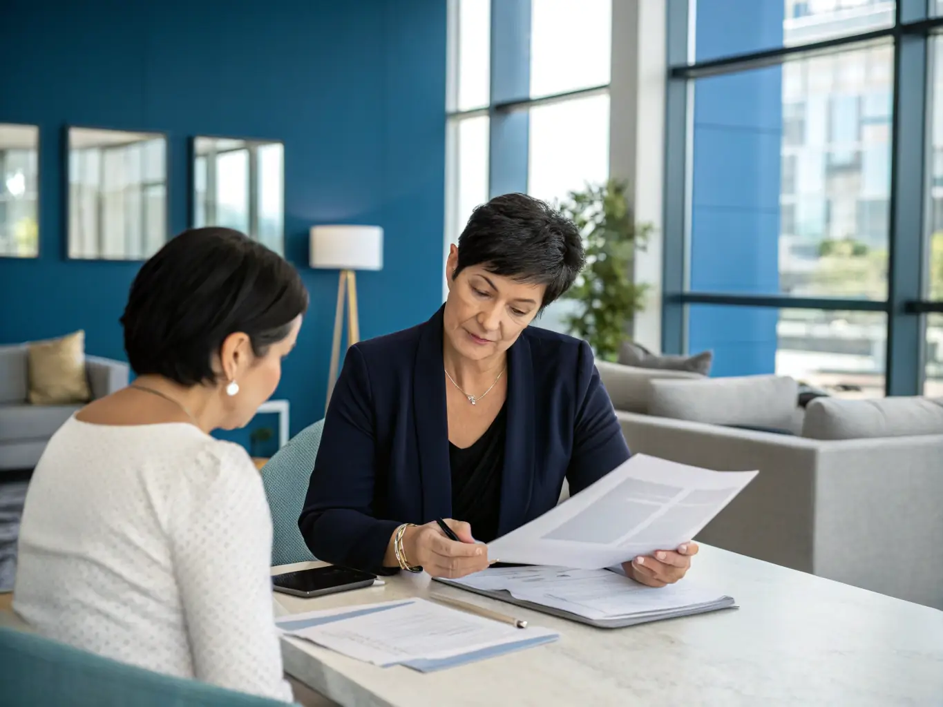A legal advisor reviewing documents with clients in a well-lit office, ensuring compliance and efficiency.