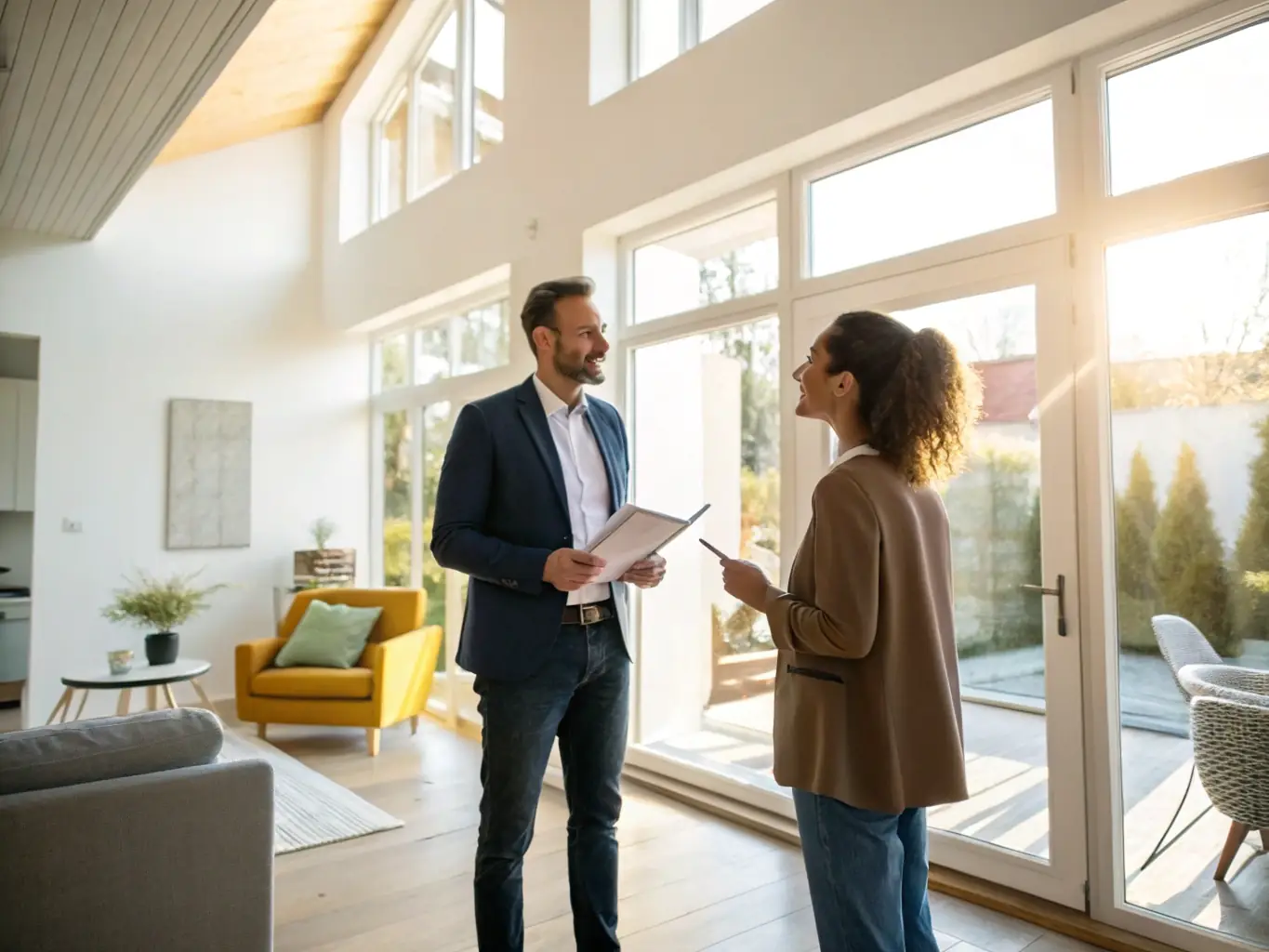 A professional real estate agent showing a client a property in Islamabad, highlighting the features of the property.