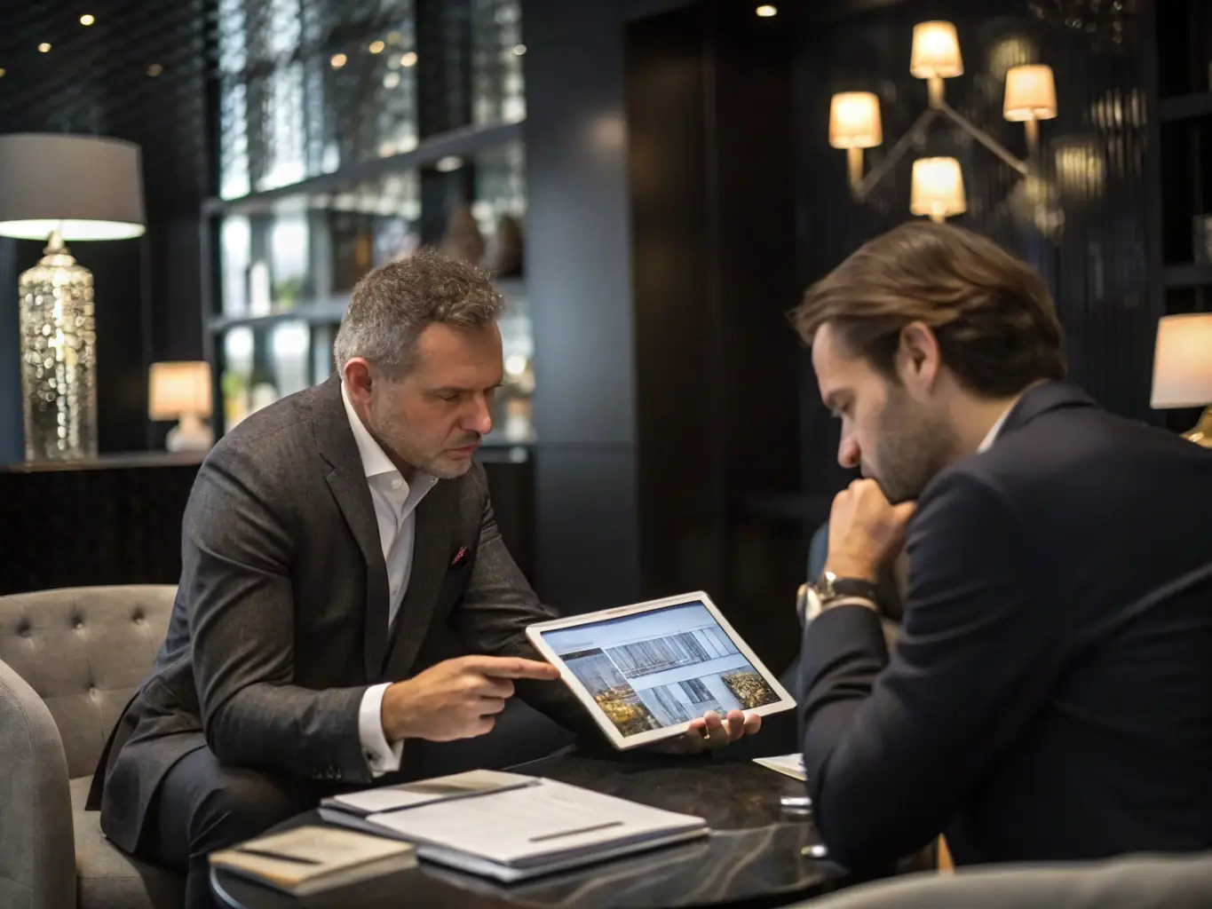 A consultant advising a client in a modern office setting, representing real estate investment consulting services.
