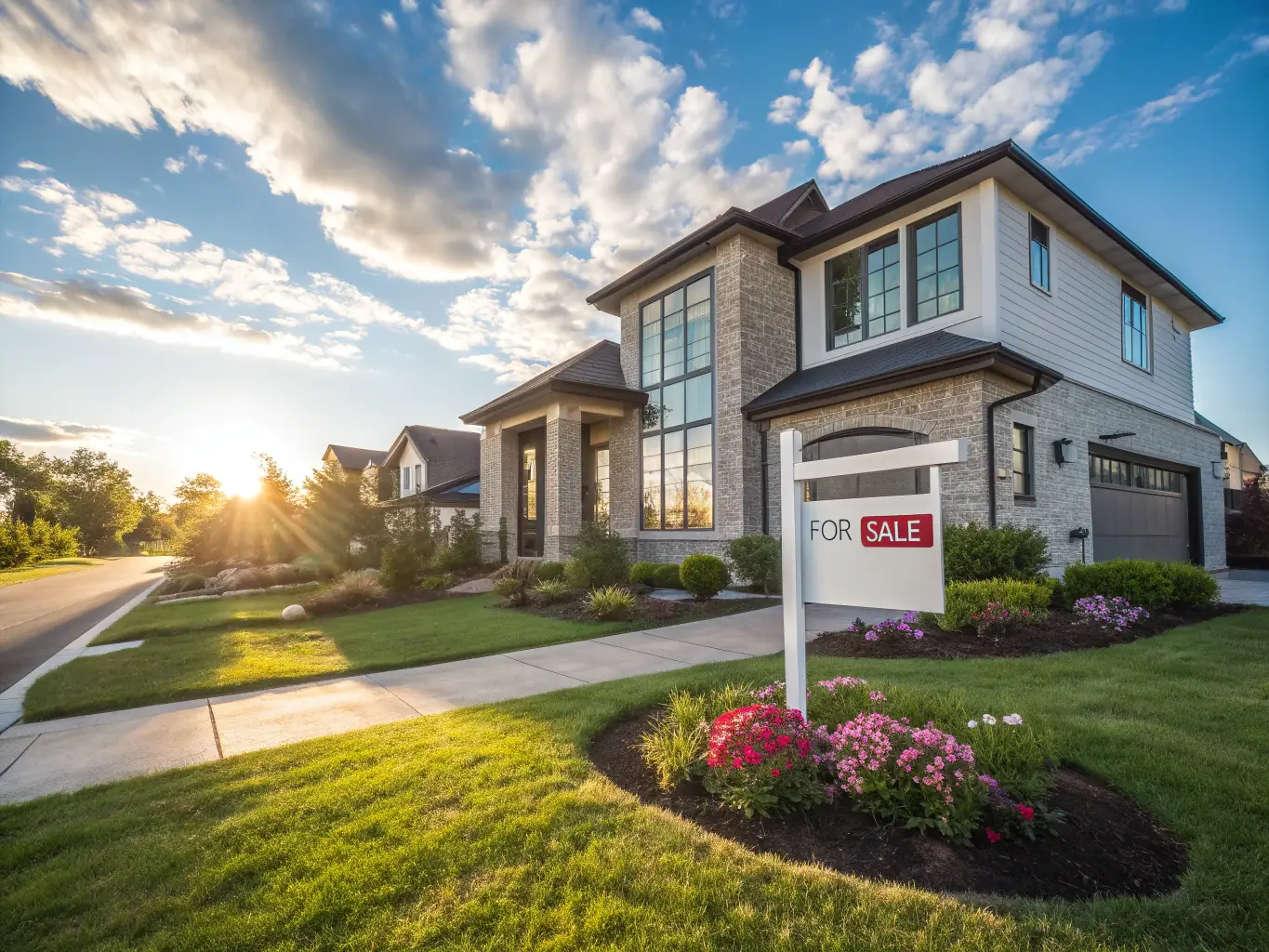 A modern house facade with a 'For Sale' sign, symbolizing property sales and real estate transactions.